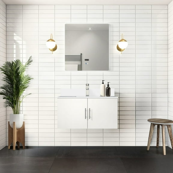 Glossy White 36" X 22" Bath Vanity With Quartz Countertop, Faucet, Led Mirror - Scratch And Stain For A Stylish 36 In. W 22 D Featuring Top, To Scratches Stains Long Time