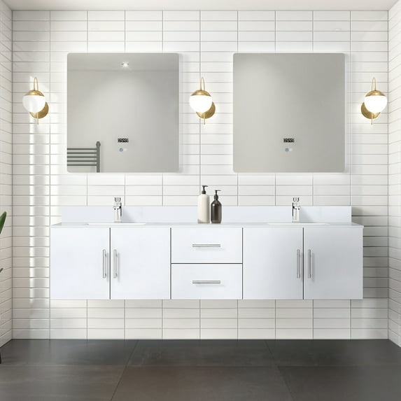 Glossy White Bath Vanity With Cultured Marble Top And 30 In. Led Mirrors - Ample Bathroom Storage Area Double Vanity, Top, Stain Scratch Finish