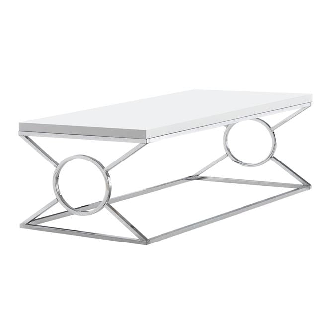 Glossy White Rectangular Wood and Chrome Metal Coffee Table