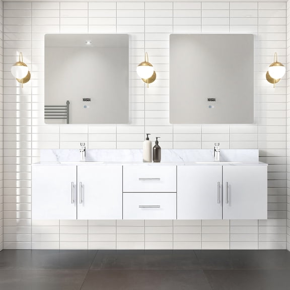 Glossy White Double Bath Vanity 80x22 In. - Marble Top, Solid Wood, Soft Close, Expansive Storage, Countertop Compartments,