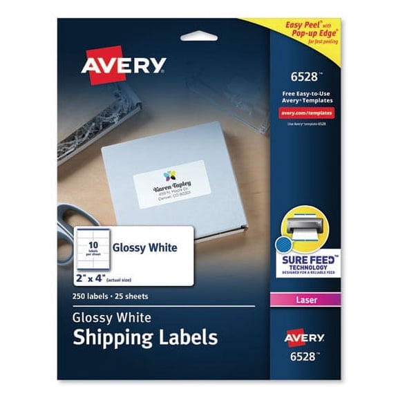 "Glossy White Easy Peel Mailing Labels W/ Sure Feed Technology, Laser Printers, 2 X 4, White, 10/sheet, 25 Sheets/pack | Bundle of 2 Packs"