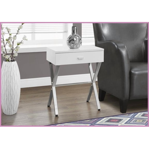 Glossy White Laminate Coffee Table with Chrome Base - Storage Drawer for Living Room Bedroom