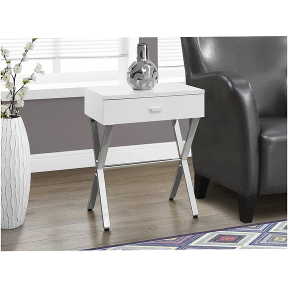 Glossy White Modern Accent Table with Storage Drawer, Chrome Metal Base Side End Table for Living Room Bedroom