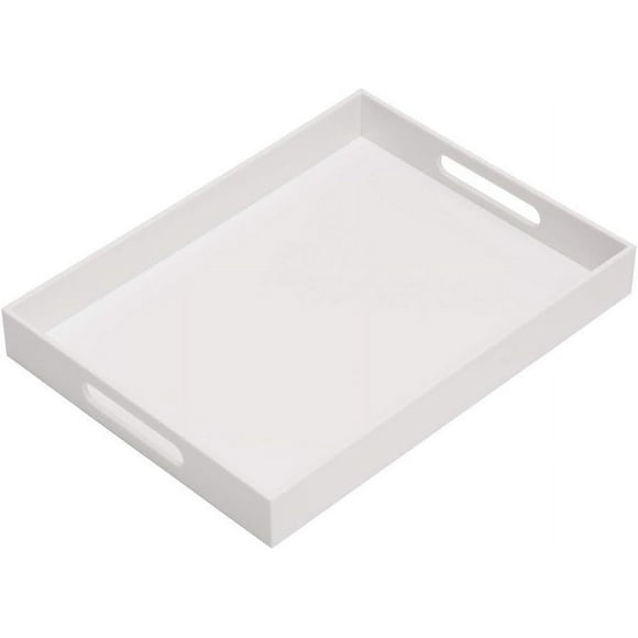 Glossy White Sturdy Acrylic Serving Tray with Handles-12x20 Inch-Serving Coffee, Appetizer, Breakfast-Kitchen Countertop, Makeup Drawer Organizer, Vanity Table, Ottoman, Decorative Tray