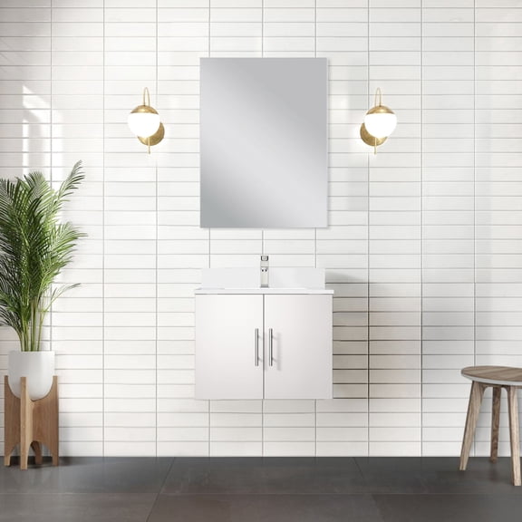 Glossy White Vanity with Quartz Top | Single Bathroom Functionality with Soft - Close Drawer | Enhanced Storage and Stylish Look