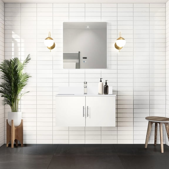 Glossy White Wood Bathroom Vanity | Comes with Marble Top, Chrome Faucet, and Large LED Mirror | Experience Durable and Stylish Design