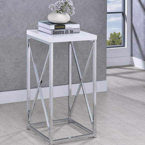 Glossy White and Chrome Accent Table,Glossy White Wood Furniture Primary Living Space Tables