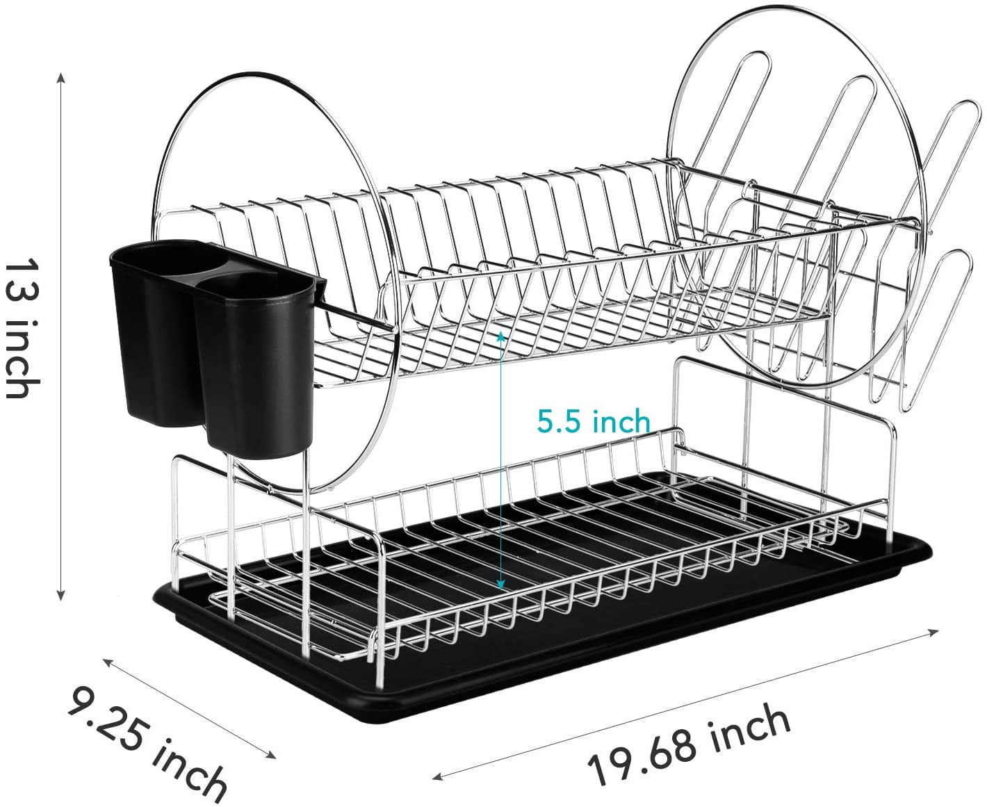 Glotoch Dish Drying Rack, 2 Tier Dish Rack with Utensil Holder, Cup Holder  and Dish Drainer for Kitchen Counter Top, Plated Chrome Dish Dryer Silver  15 x 13 x 8 inch Black 