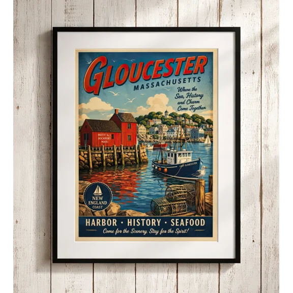 Gloucester Ma Travel Poster Rockport Harbor Vintage Coastal Wall Art Home Decor Office Wall Art