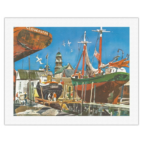 Gloucester Massachusetts - Fishing Boats - United Air Lines - Vintage Airline Travel Poster by Millard Sheets c.1958 - Fine Art Rolled Canvas Print 20in x 26in