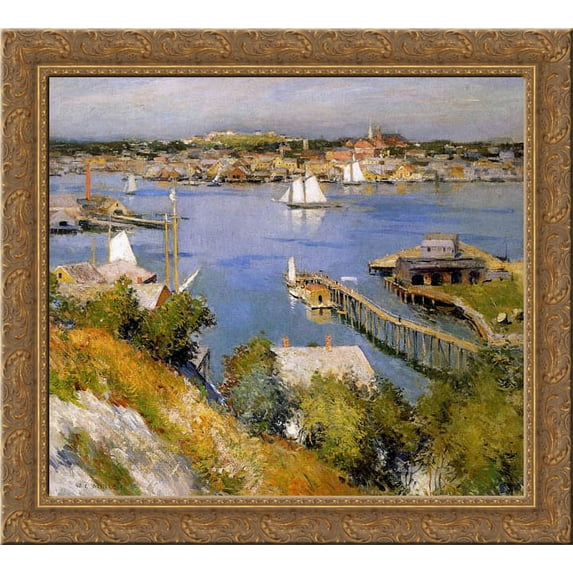 Gloucester harbour Sun 20x20 Gold Ornate Wood Framed Canvas Art by Metcalf, Willard