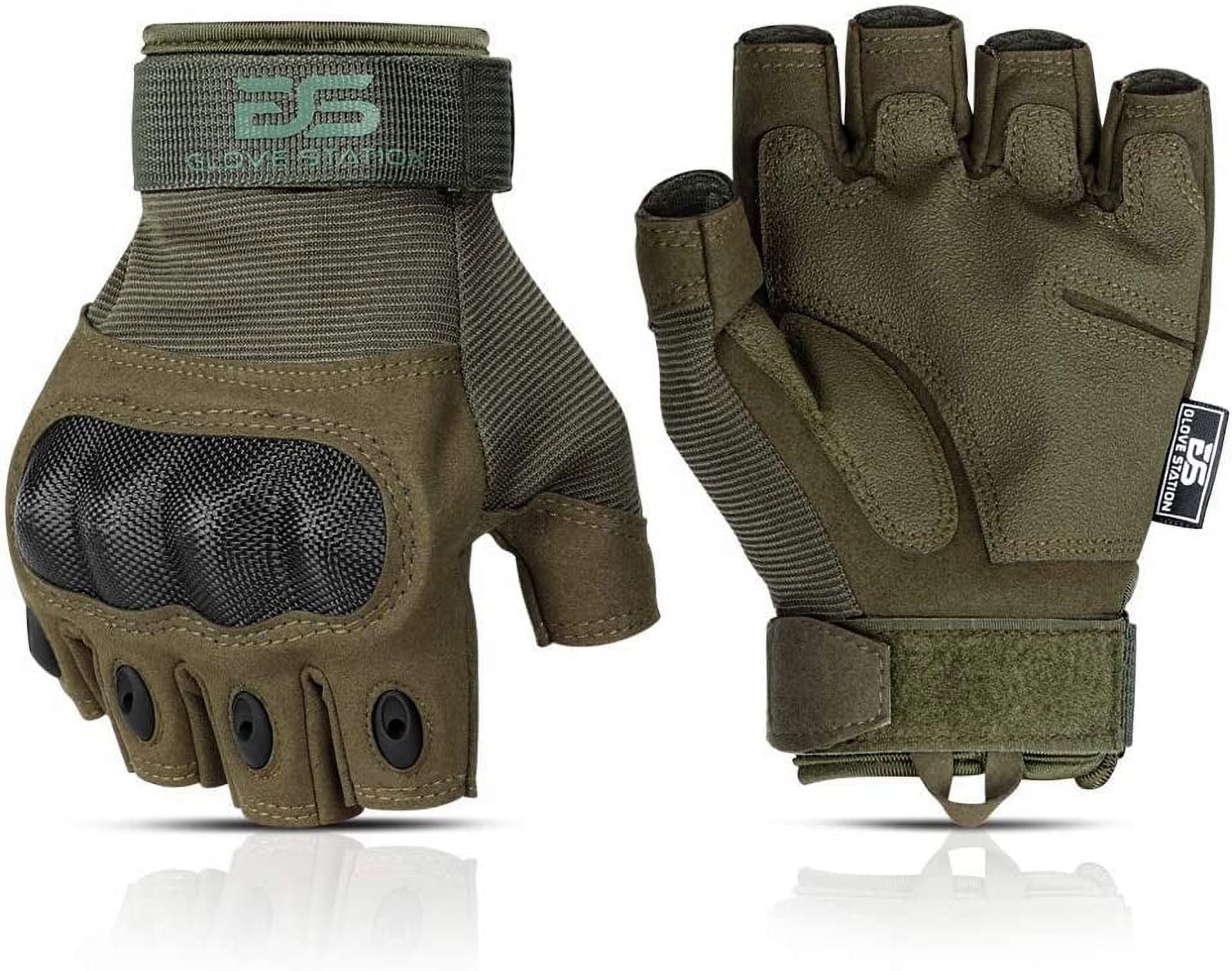 Glove Station- Fingerless Knuckle Gloves for Men - Motorcycle Gloves for Driving, Hiking, or Work - Green/Large