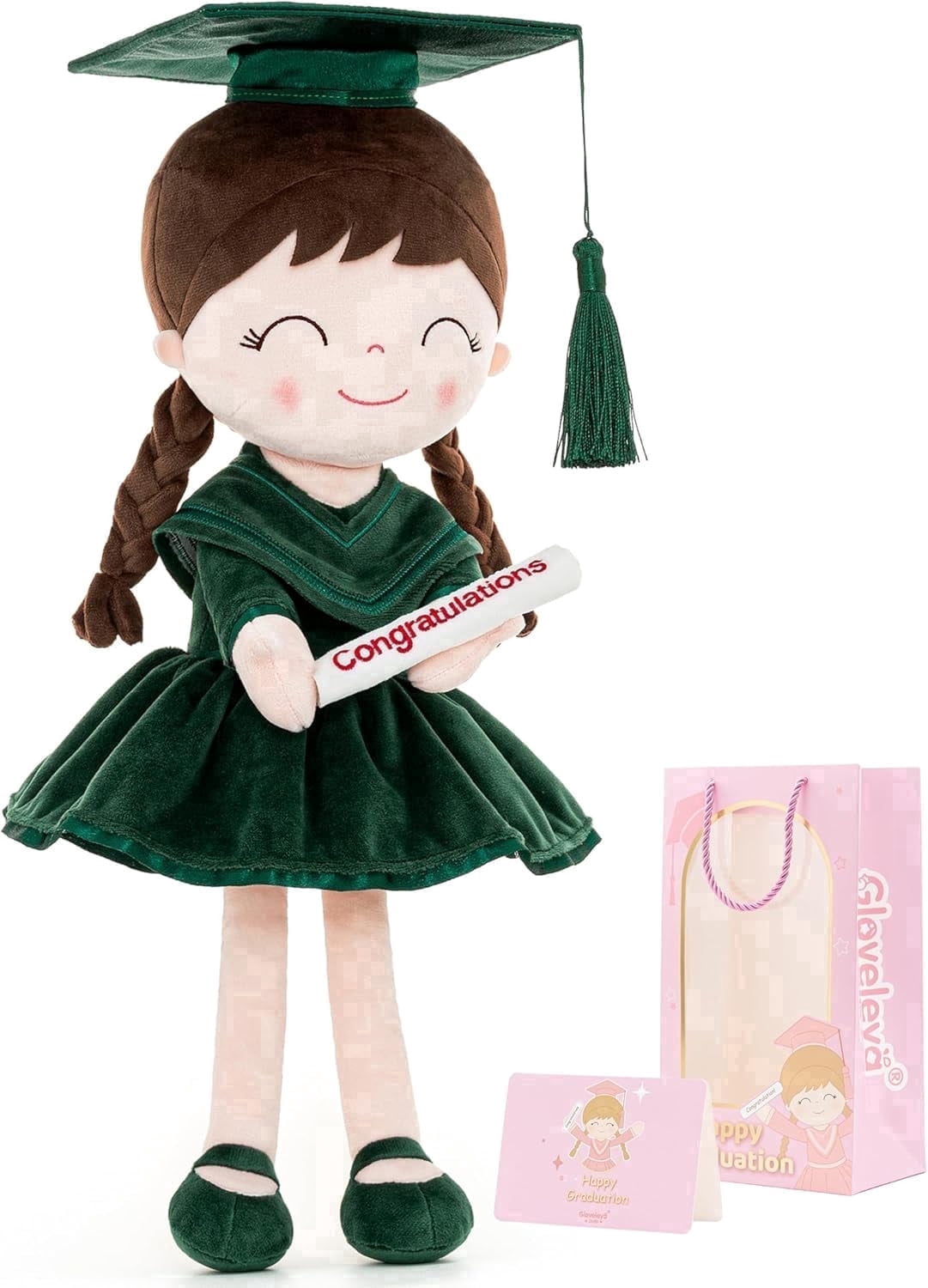 Gloveleya 16" Dark Green Graduation Doll - Elegant Plush Scholar Doll with Cap & Gown - Kindergarten Graduation Keepsake, Class of 2026 Achievement Gift