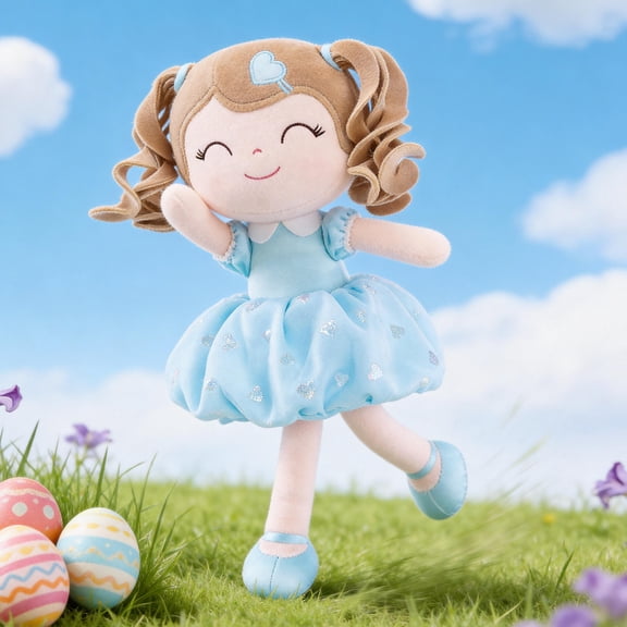 Gloveleya Baby Girl Gifts Plush Dolls Curly Hair Doll Soft Girls Toy Love Heart Light Blue Dress 16 Inches