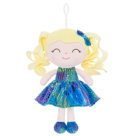 Gloveleya Baby Toy Plush Figure Curly Hair Dolls Soft Toys Light Skin Glitter Blue Dress 9inches