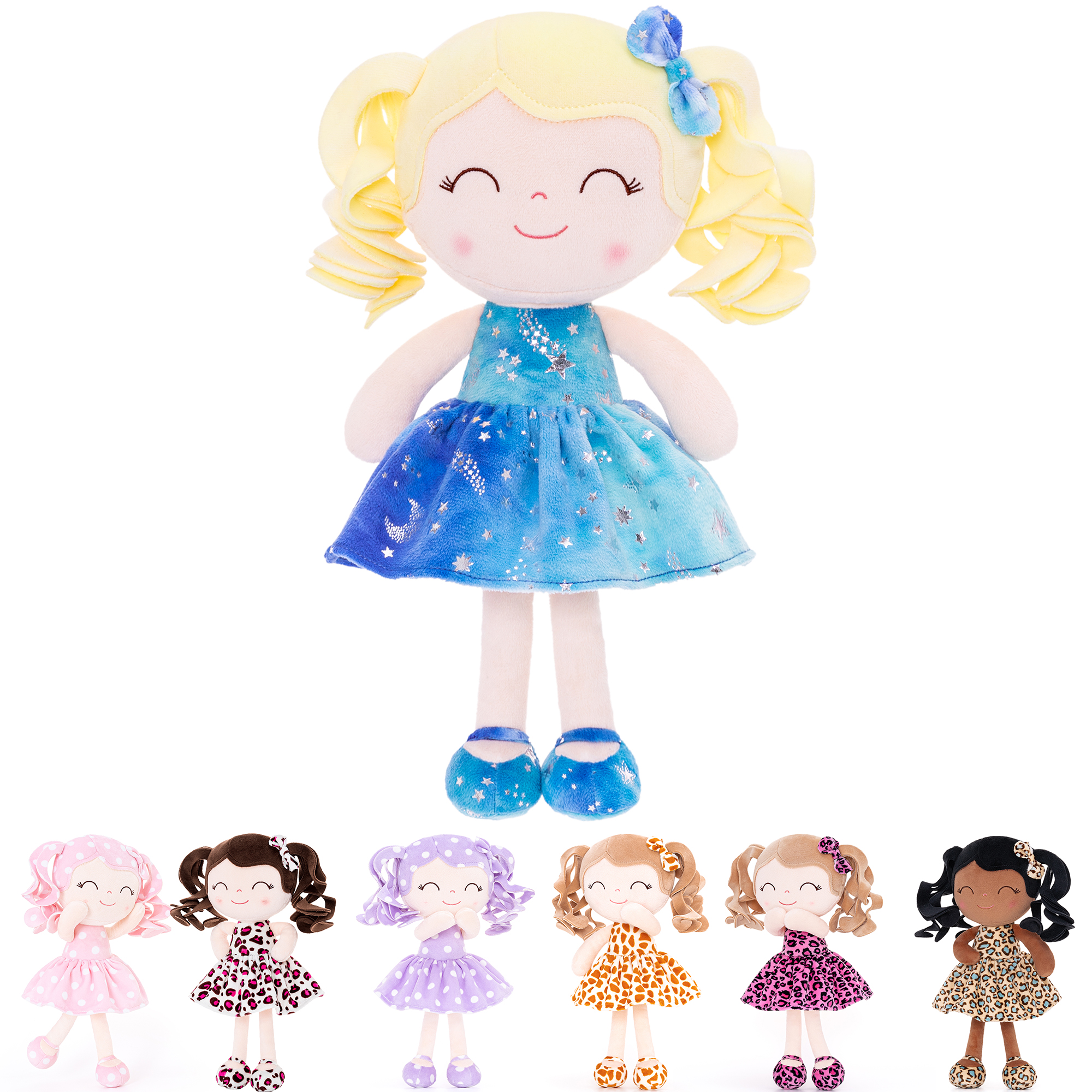 Gloveleya Plush Doll Baby Dolls Rag Doll Girl Gifts Curly Hair Hot Stamping Blue Star Dress 12inches