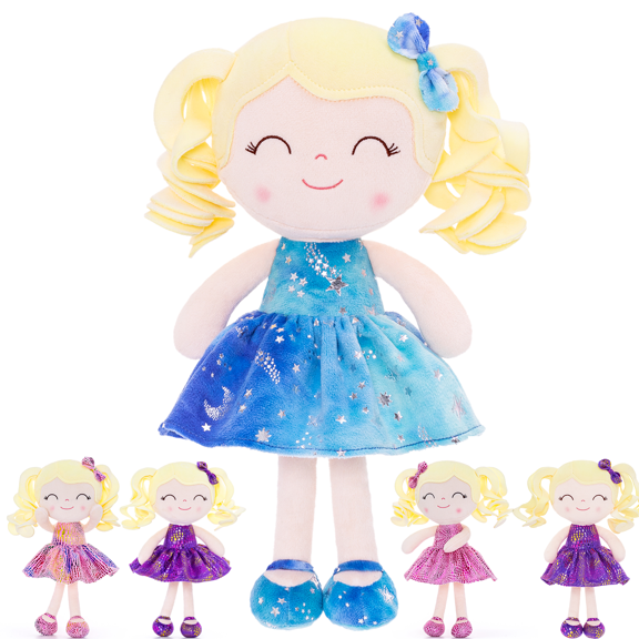 Gloveleya Plush Doll Baby Dolls Rag Doll Girl Gifts Curly Hair Hot Stamping Blue Star Dress 12inches