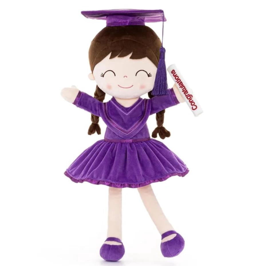 Cute graduation plush doll with cap & scroll, soft stuffed doll, ideal graduation gift for graduates, graduation party decor (Purple)