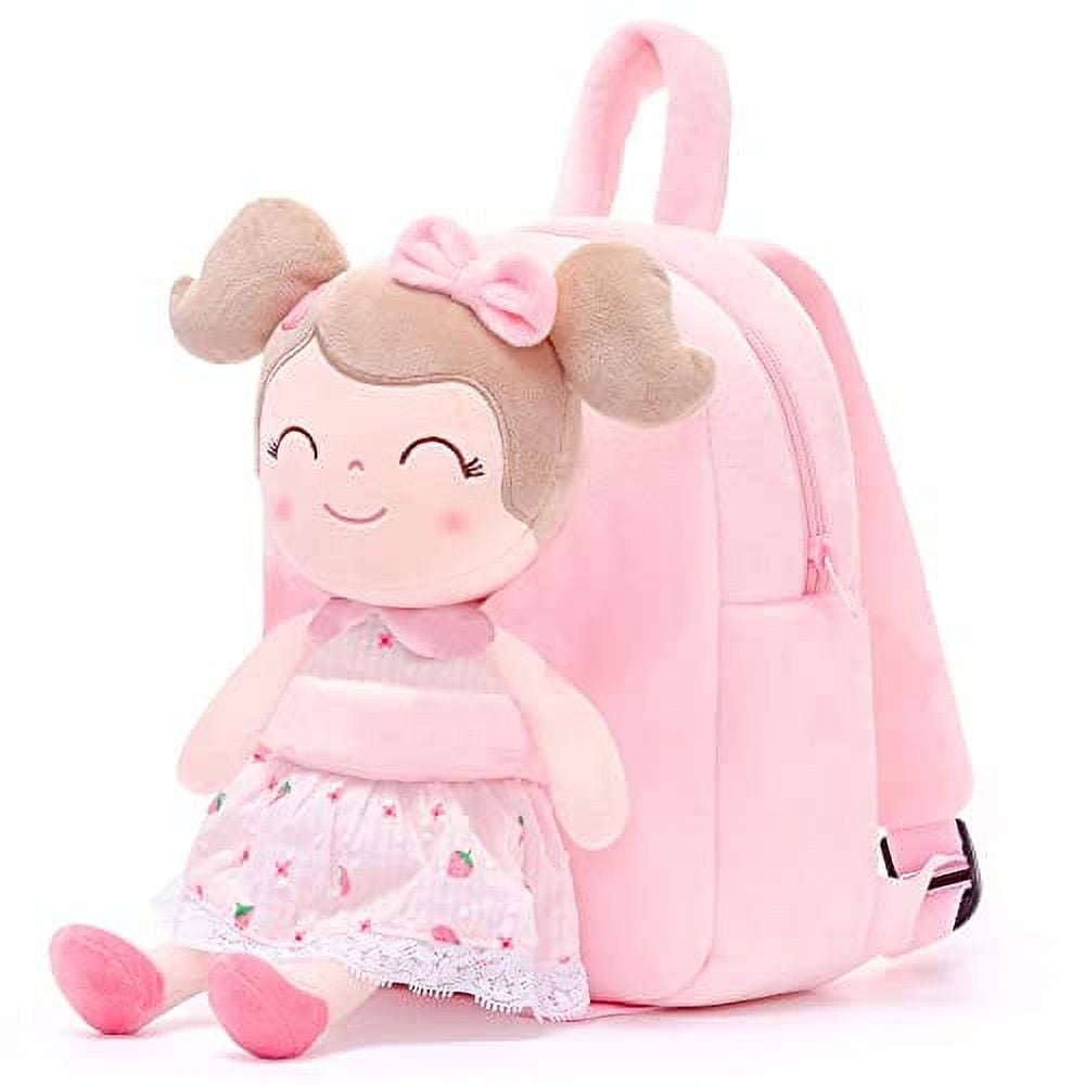 Gloveleya Toddler Backpack Baby Girl Gift Plush Bag Diaper Bag with Spring Girl Doll Curly Hair Girl Toys with Love Purple 9 Inches