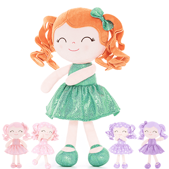 Gloveleya Rag Doll Baby Dolls Plush Dolls Soft Gifts Curly Hair Pit Strip Fingerprint Dots Green Dress Spring Girl 12inches