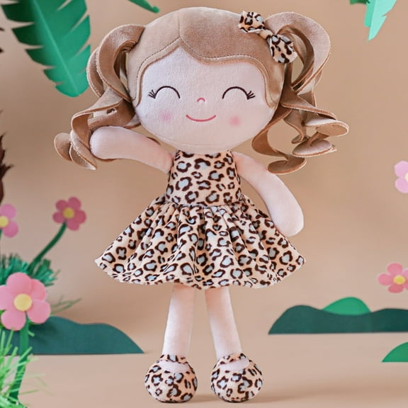 Gloveleya Plush Doll Baby Girl Gift Soft Dolls Curly Hair Wearing Light Leopard Dress 12inches Aged 0-3