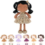 Gloveleya Plush Dolls Baby Girl Gift Soft Dolls Curly Hair Wearing Leopard Dress Tanned Skin Tone 12inches