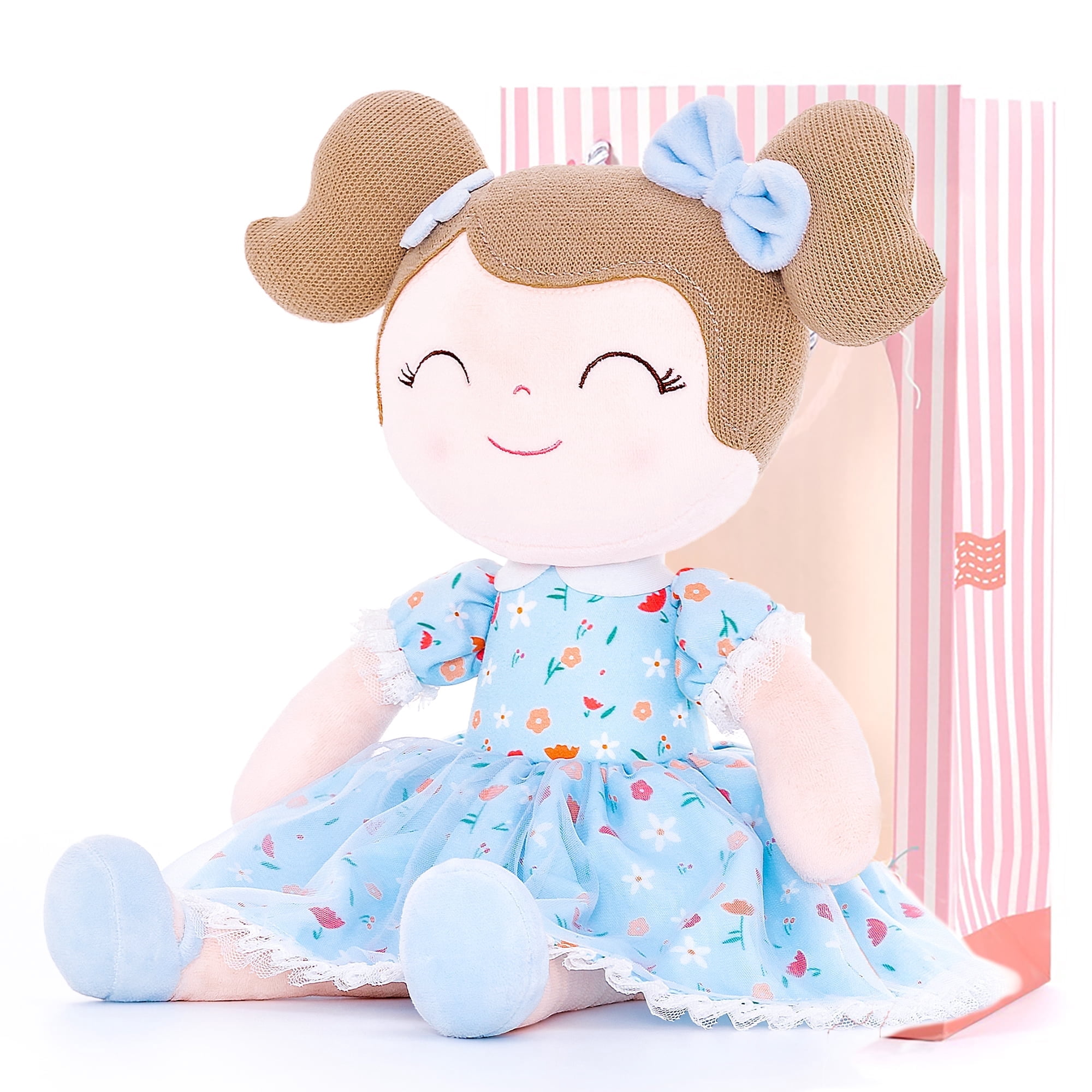 Gloveleya Plush Dolls Baby Girl Gifts Soft Girl Toys with Blue Flower Patterns 16"