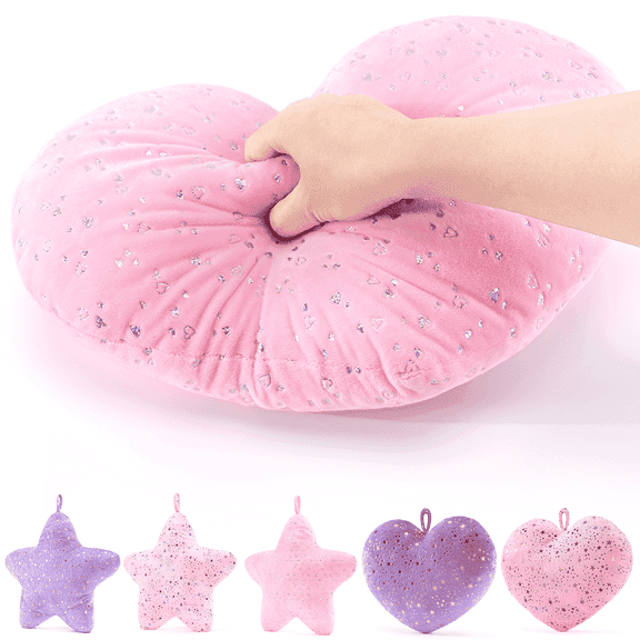 Gloveleya Plush Pillow Baby Girl Gift Stuffed Toy Pink Heart-Shaped with Shimmering Heart Accents Valentine's Day Gift 14inches