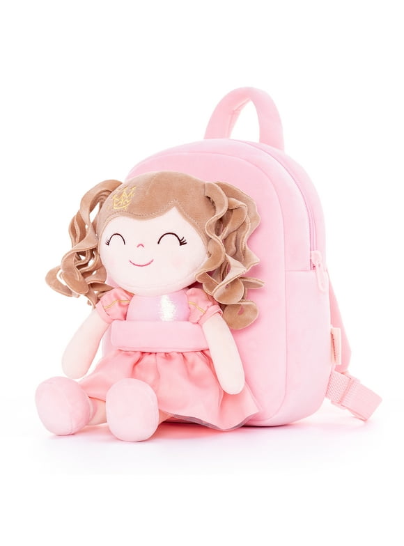 Gloveleya  Toddler Backpack Kids Backpack Toddler Girl Backpacks Kindergarten Soft Plush Curly Hair Princess Doll Pink Crown 9 Inches