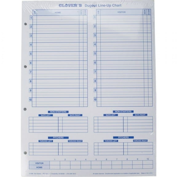 Glover's Scorebooks Baseball/Softball Dugout Line-Up Charts