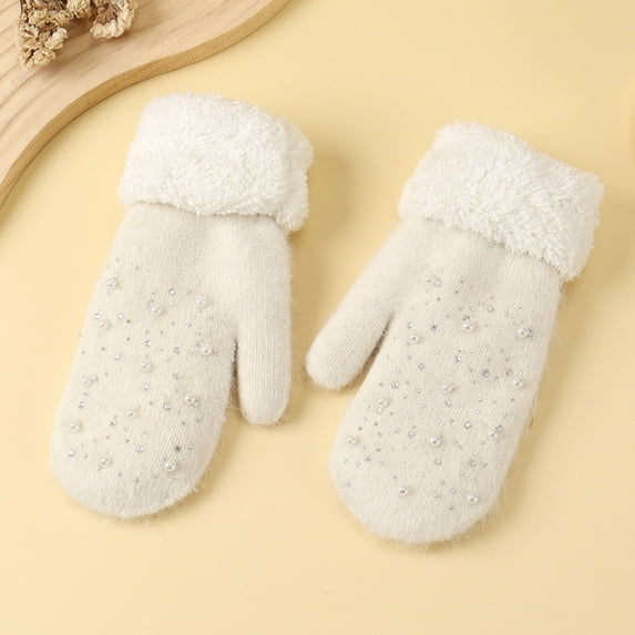 Gloves Cute Fluffy Knitted Mitten Gloves with Pearl On Winter Gloves Women (White One Size)