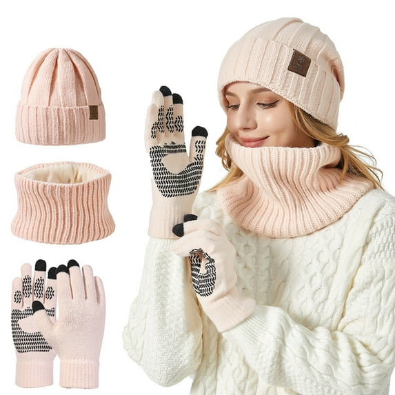 Gloves and Hat Sets for Women,Textured Knit Beanie Winter Machine Washable Accessories,Knit Beanie with Touchscreen Gloves and Neck Warmer 3 in 1 Winter Set,Cold Weather Lightweight Warmth