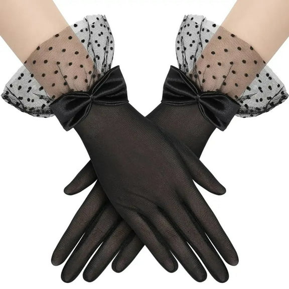 Gloves Lace, Lace Gloves for Women Tea Party, Short Gloves with Bow, Women's Short Sheer Gloves, Opera Gloves for Wedding Evening Tea Party