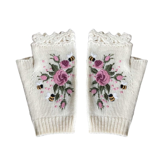 Gloves Mittens AURORADY 2023 Hand Embroidered Gloves Women's Knitted Gloves Flower Gloves Embroidered Hand Fingerless Gloves Hand Knit Fingerless Embroidered Flower Gloves, Winter Gloves, White