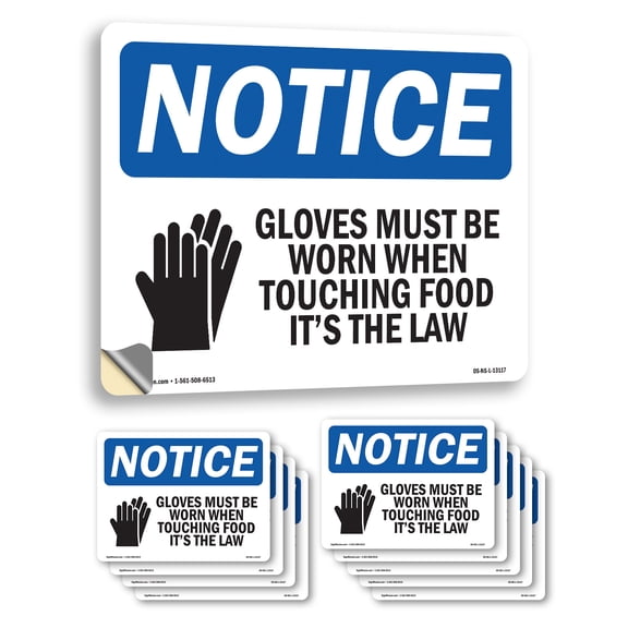 Gloves Must Be Worn When Touching With Symbol OSHA Notice Vinyl Decal Label 10 Inch x 7 Inch - 10 Pack