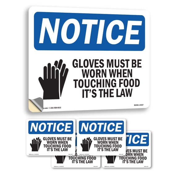 Gloves Must Be Worn When Touching With Symbol OSHA Notice Vinyl Decal Label 5 Inch x 3.5 Inch - 5 Pack