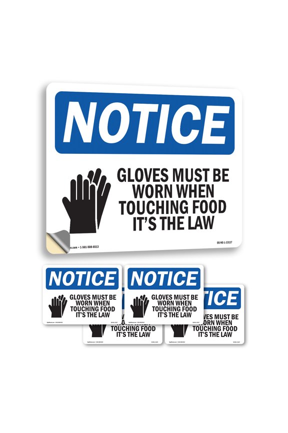 Gloves Must Be Worn When Touching With Symbol OSHA Notice Vinyl Decal Label 5 Inch x 3.5 Inch - 5 Pack