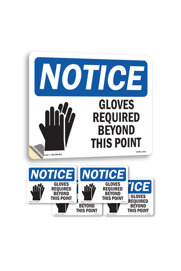 Gloves Required Beyond This Point With Symbol OSHA Notice Vinyl Decal Label 5 Inch x 3.5 Inch - 5 Pack