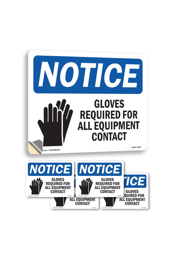 Gloves Required For All Equipment With Symbol OSHA Notice Vinyl Decal Label 5 Inch x 3.5 Inch - 5 Pack