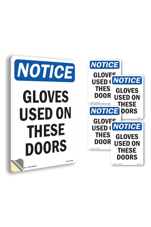 Gloves Used On These Doors OSHA Notice Vinyl Decal Label 5 Inch x 3.5 Inch - 5 Pack