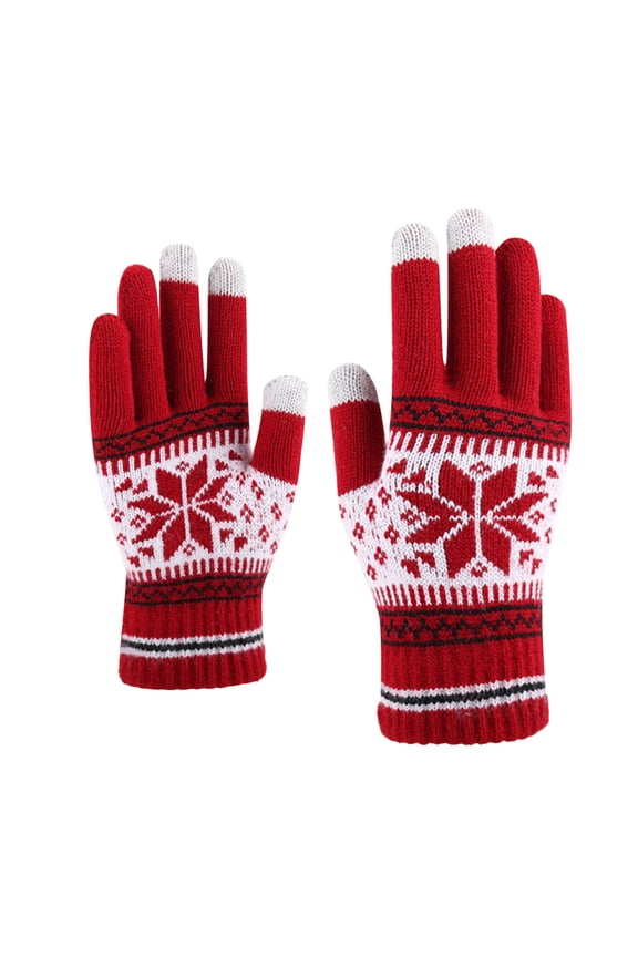 Gloves for Women Men Men'S Snowflake Printing Gloves, Creative Fashionable Mobile Phone With Screen Knitted Gloves, Thick Warm Winter Adult Red One Size