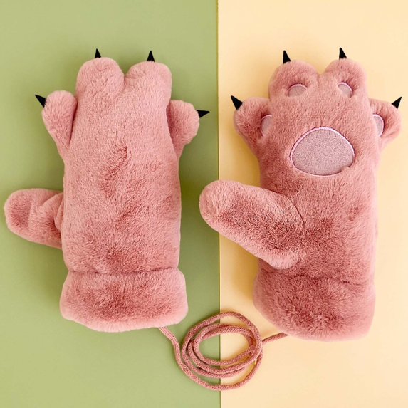 Gloves for Kids Cute Bear Paw Mittens Warm Lined Fingerless Neck Lanyard Outdoor Kids Mittens Pink One Size