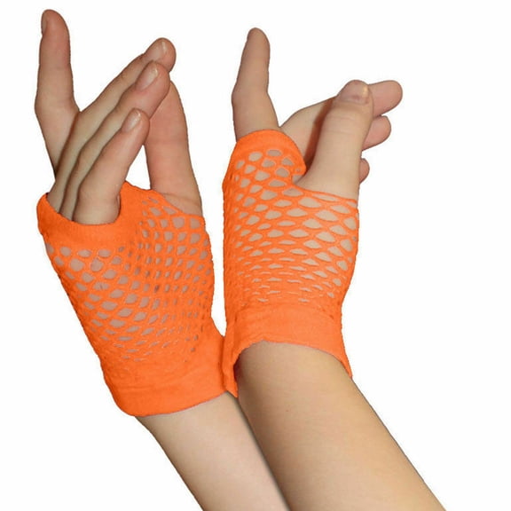 Gloves for Kids Orange Ladies Girls Short Mesh 80s STYLE Fishnet Hen night Party Wear