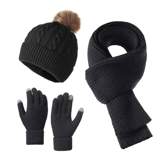 Gloves for Winter Beige Solid Color Knitted Hat Three-Piece Set, Outdoor Winter Activities