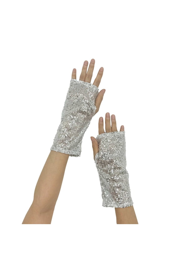 Gloves for Women Men Fashion Sparkly Gloves Sequins Long Gloves Fingerless Elastic Gloves Glitter Costume for Women Little Ones Grey One Size