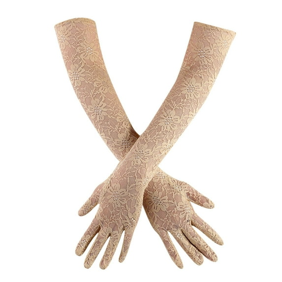 Gloves for Women Men Floral Lace Gloves for Wedding Opera Party 1920S Flapper Lace Gloves Stretchy Adult Size Beige 45