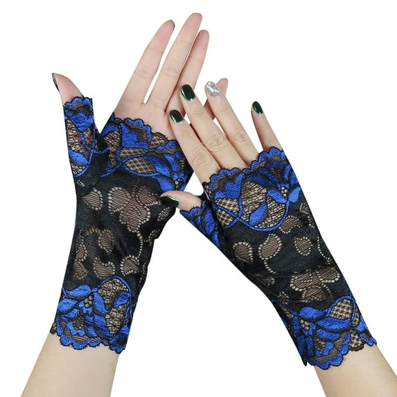 Gloves for Women Men Women Fashion Sexy Half Finger Lace Breathable Short Gloves Open Finger Driving Sunscreen Gloves Blue One Size
