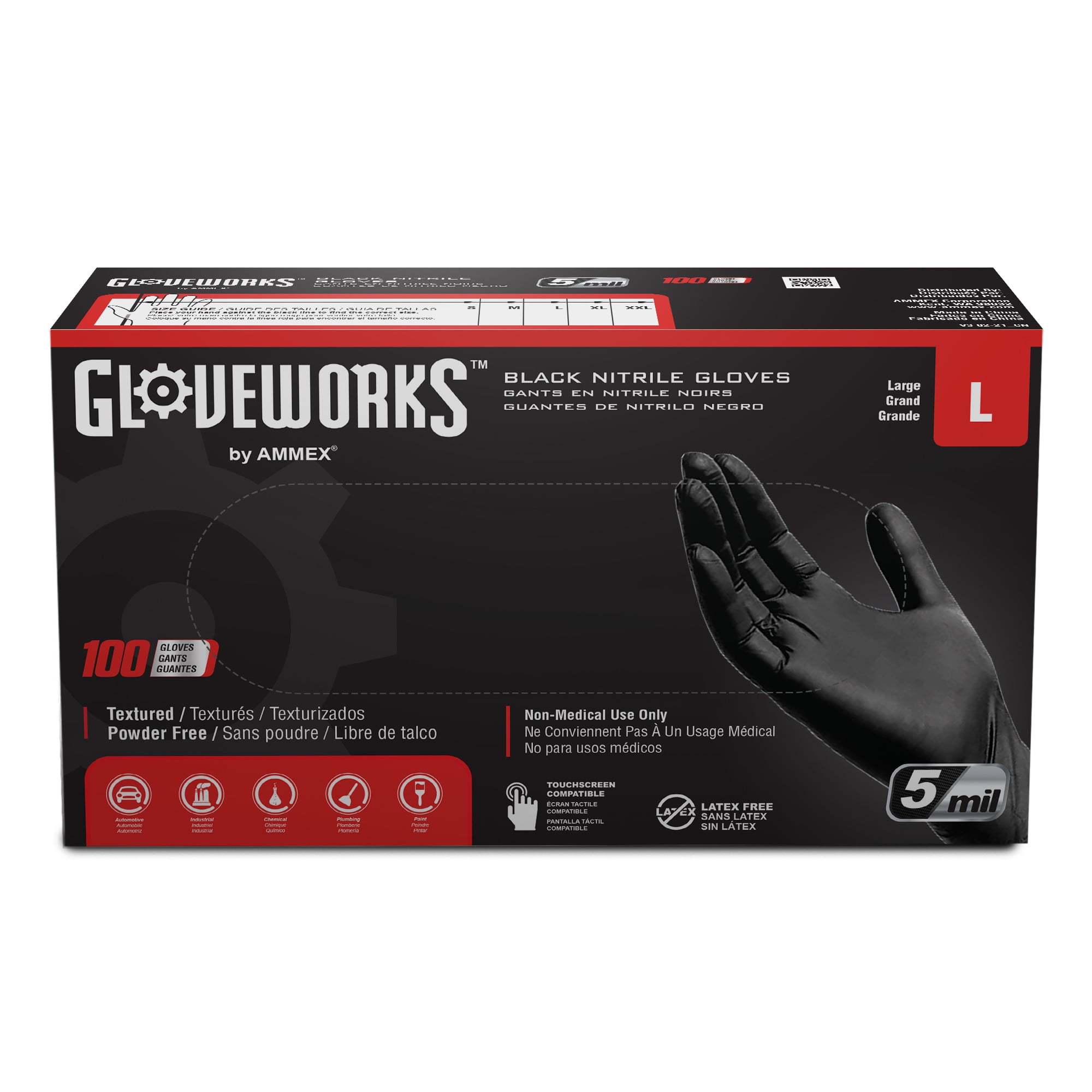 Gloveworks Black Nitrile Industrial Disposable Gloves 5 Mil Large 100 ...