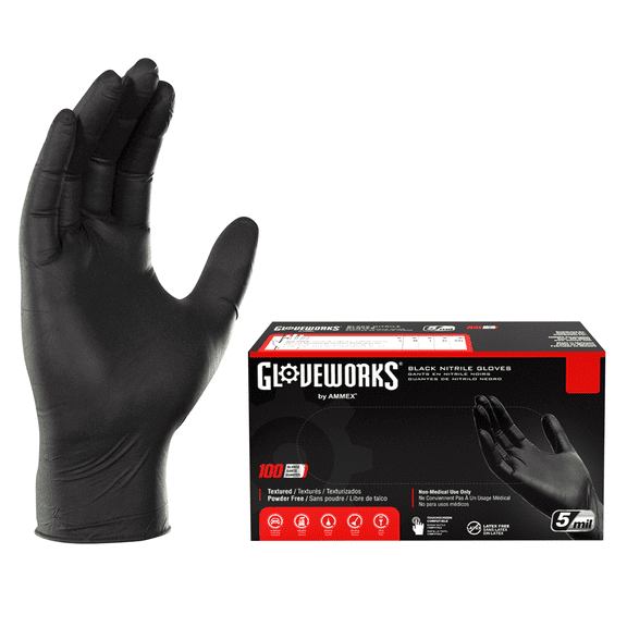 GLOVEWORKS  Black Nitrile Gloves for Auto, Detailing, Mechanics, L, 100 Count
