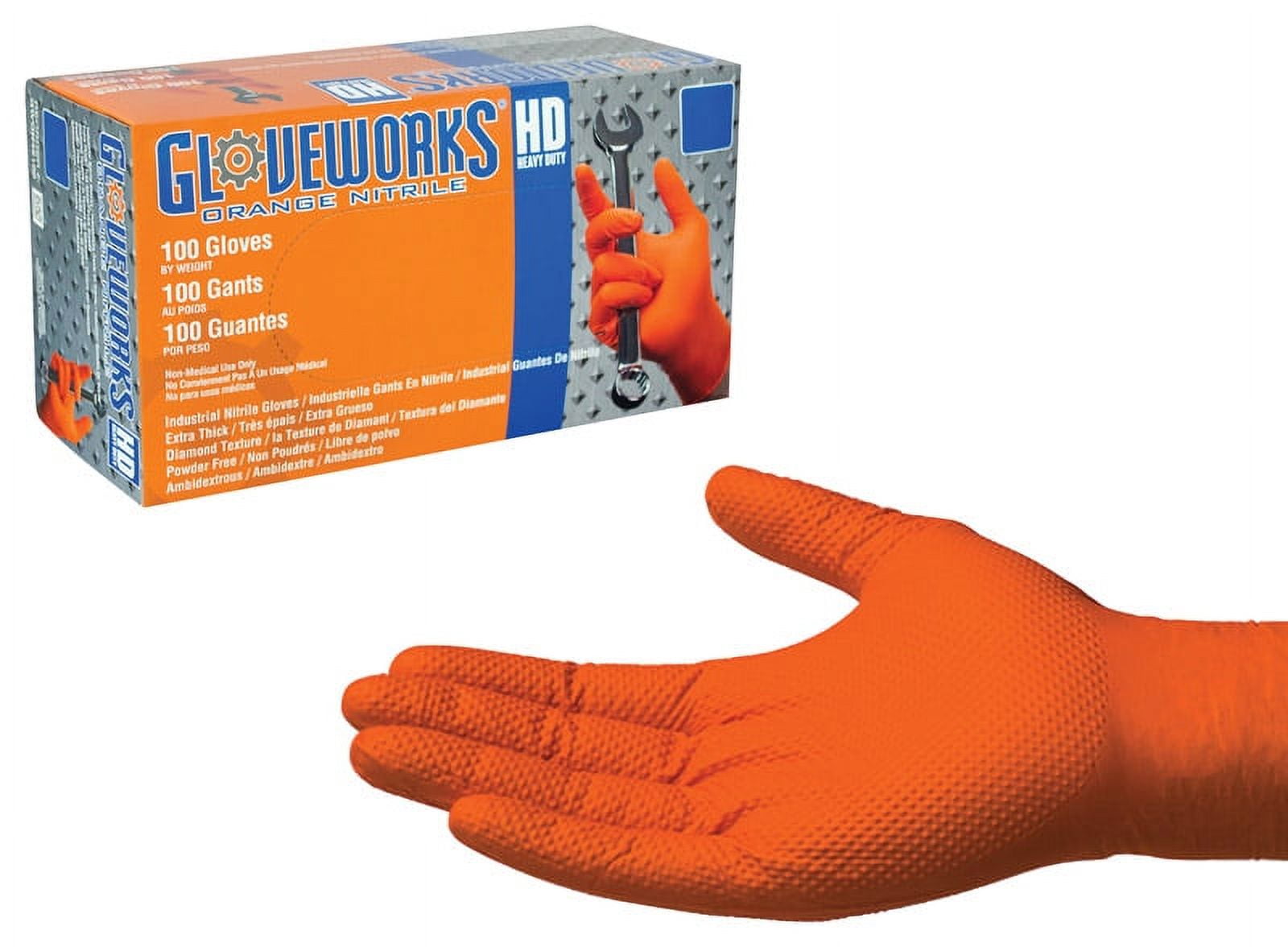 Gloveworks Heavy Duty Nitrile Latex Free Industrial Disposable Gloves,  XX-Large, Orange, 100/Box 